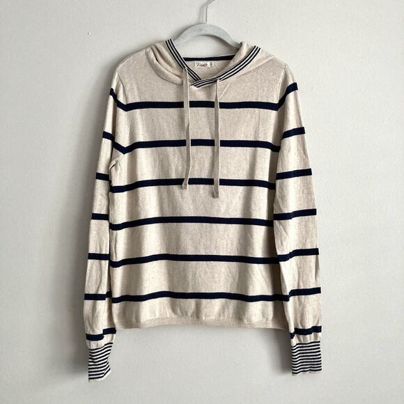 Faherty Womens Legend Sweater Hoodie Large Beige Navy Striped Pullover Casual - Picture 1 of 11